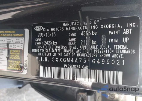 2015 Kia Optima Lx z USA, uszkodzony, nr VIN 5XXGM4A75FG499021